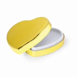 A heart-shaped box in shiny yellow with a white interior, slightly open.