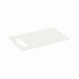 A white chopping board with a handle, featuring a smooth surface and rectangular shape.