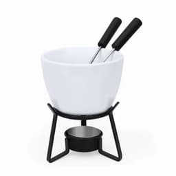 A fondue set featuring a white bowl with two forks, resting on a black stand with a burner underneath.
