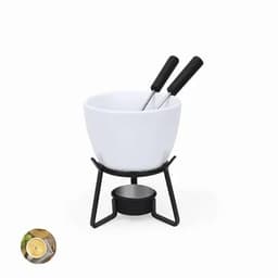 A fondue set featuring a white ceramic bowl, two black-handled forks, and a black metal stand with a candle holder.