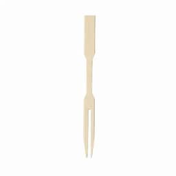A biodegradable wooden food fork in a natural light colour with two prongs. Ideal for eco-friendly events.