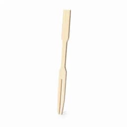 A wooden food fork in a natural finish, featuring a two-pronged design and a long handle.