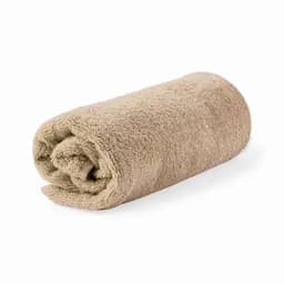 A rolled beige towel with a soft texture, lying flat against a white background.