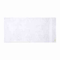 A bath towel in white with a subtle texture and a small logo on one edge.