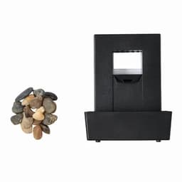 A drink bottle in black with a square cut-out design, accompanied by a pile of assorted smooth stones.
