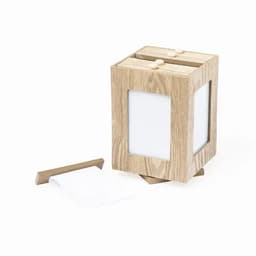 A wooden product holder with a cubic design, featuring two compartments and white paper protruding from one side.