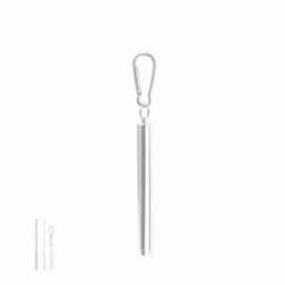 A silver, cylindrical promotional product with a clip for attachment. It features a smooth, shiny surface.