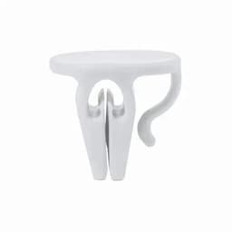 A white plastic clip with a curved hook and a flat top for easy gripping.