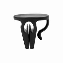 A black clip with a unique design, featuring two prongs and a curved hook. It has a simple, functional appearance.