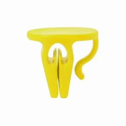 A yellow plastic clip with a curved handle, designed to hold items securely.