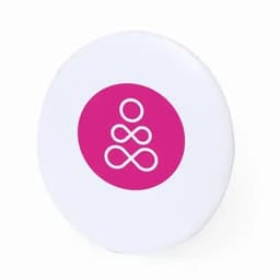 A round white drink bottle with a pink circular logo featuring a stylised design.