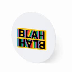 A round promotional badge featuring a colourful design with the word "BLAH" in bold letters on a white background.