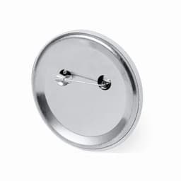 A metal badge with a shiny silver finish and a pin fastening at the back.