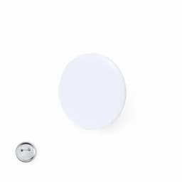 A white button badge with a silver backing. The badge has a smooth surface without any visible design.