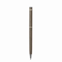 A pen in a metallic brown finish with a silver band, featuring a logo at the top.