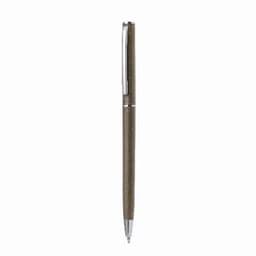 A pen with a brown textured barrel and a shiny silver clip, displaying a sleek design.