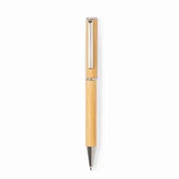A bamboo pen with a silver clip and a sleek design, featuring a shiny tip.