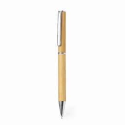 A bamboo pen with a silver clip and accents. It features a sleek, natural finish.