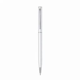 A pen featuring a sleek white design with silver accents and a logo near the top.