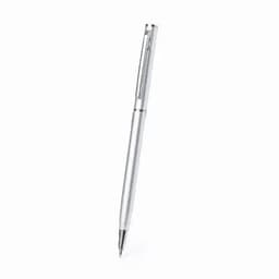 A silver pen with a sleek design and a clip, featuring a smooth finish and a pointed tip.