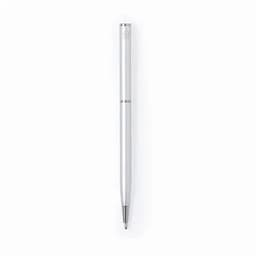 A silver pen with a sleek design, featuring a logo on its body.