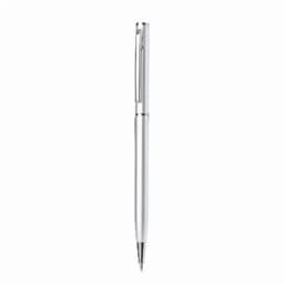 A pen in a sleek silver design, featuring a shiny finish and a clip for easy attachment.