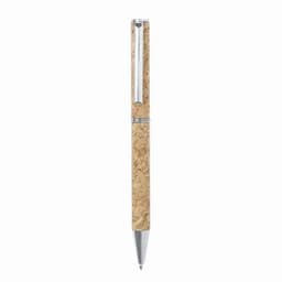 A pen with a cork body and silver accents, featuring a clip and a polished metal tip.