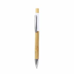 A pen with a bamboo barrel, white accents, and a silver clip, featuring a glossy finish.