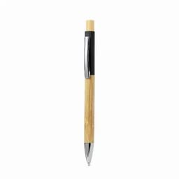 A pen with a bamboo body, black grip, and chrome clip. The pen features a sleek and eco-friendly design.
