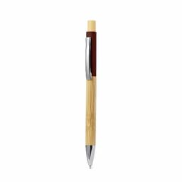 A pen with a bamboo body, a brown accent, and a silver clip. It features a sleek design with a glossy finish.