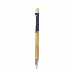 A pen featuring a bamboo body, blue accents, and a silver clip. It has a sleek and modern design with a logo.