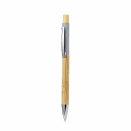 A bamboo pen featuring a silver clip and grey grip. Natural wood finish adds an eco-friendly touch.