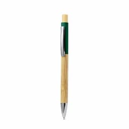 A pen with a green grip and bamboo body, featuring a chrome clip and tip. It has a simple, modern design.