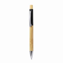 A pen with a bamboo barrel and black accents, featuring a chrome clip. It has a sleek, modern design.