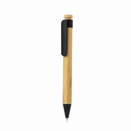 A bamboo pen featuring a black clip and tip, with a natural bamboo finish. It includes branding on the barrel.