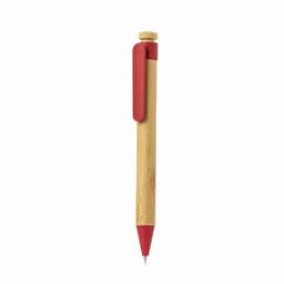A bamboo ballpoint pen with a red plastic clip and tip. It features a natural wood finish and a minimalist design.