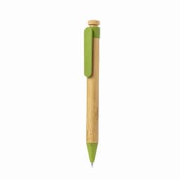 A bamboo pen with a green clip and tip. It features a simple design and natural wood finish.