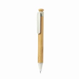 A bamboo pen with a silver clip and white tip. The pen features a natural wood finish.