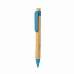 A bamboo pen with a blue plastic clip and tip, featuring a natural wooden barrel.