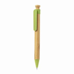 A pen with a bamboo body and a green clip, featuring a simple design and a rounded tip.