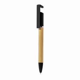 A pen with a bamboo barrel and a black clip, featuring a black tip. It has a sleek and eco-friendly design.