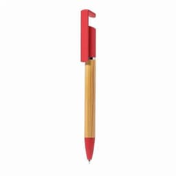 A pen with a bamboo barrel and a red cap, featuring a sleek and modern design.