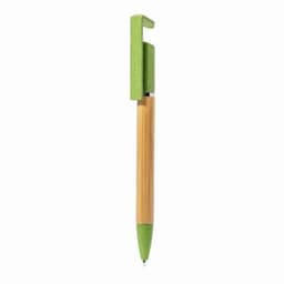 A pen featuring a green top and clip, with a bamboo barrel. The pen has a logo on one side.