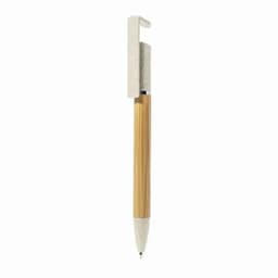 A pen with a bamboo barrel and a light-coloured, textured cap. It features a logo on the barrel.