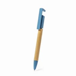 A pen featuring a blue cap and a wood-textured barrel. It has a logo on the clip.