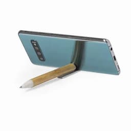 A phone propped up with a wooden pencil as a stand, featuring a metallic and blue back.