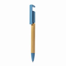 A pen with a bamboo barrel and a blue cap and tip, featuring a logo on the cap.