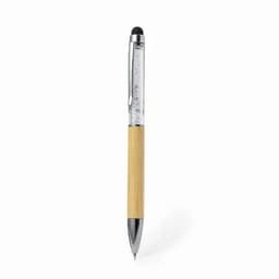 A pen with a bamboo barrel, silver accents, and a black stylus tip, featuring a simple design and a clip.