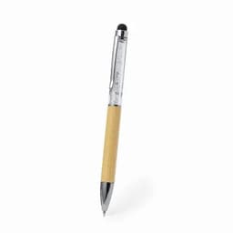 A pen with a wooden barrel and a silver clip, featuring a stylus tip at the top.