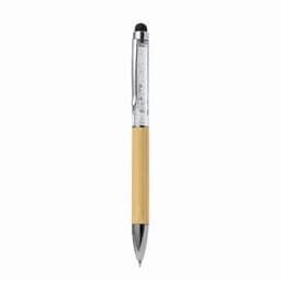 A pen with a bamboo barrel, silver accents, and a black rubber stylus tip. It features a shiny chrome clip.